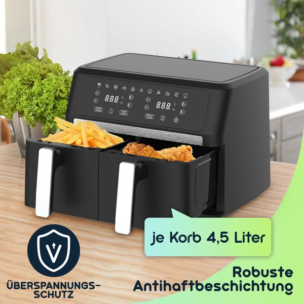 Premium Dual-Zone Heissluftfritteuse, Doppelkorb, 2x 4,5 l, inkl. Silikonformen - Air Fryer, 11 Kochprogramme, LED Touch Display, starke 2400W 