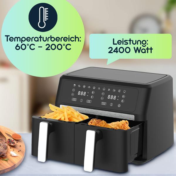 Premium Dual-Zone Heissluftfritteuse, Doppelkorb, 2x 4,5 l, inkl. Silikonformen - Air Fryer, 11 Kochprogramme, LED Touch Display, starke 2400W 