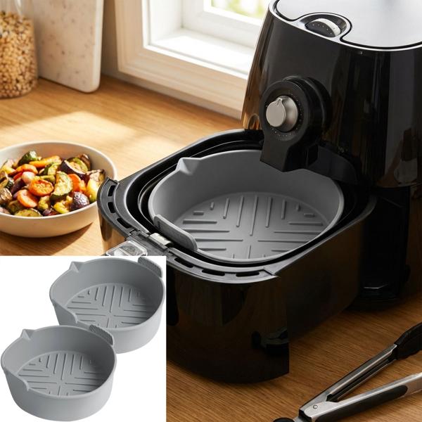 2er-Set Hochwertige Silikonform für Heissluftfritteuse, grau, Ø 19 x H 6 cm, Antihaft, hitzebeständig & spülmaschinenfest