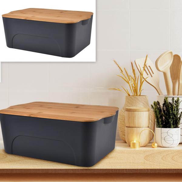 Aufbewahrungsbox mit Bambus-Deckel - Stilvolles Aufbewahren von Besteck & Küchenutensilien - Kunststoff Anthrazit - 40x27x15cm