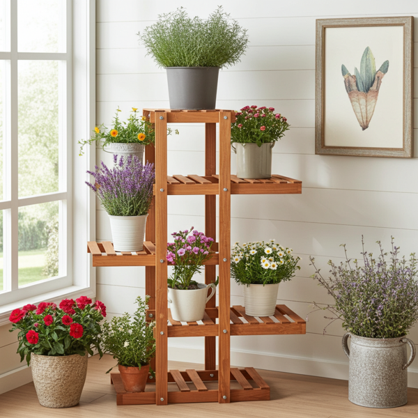Etagère à fleurs élégante à 5 étages - support de plantes brun clair en bois de sapin, 125x81x25cm - moderne & robuste pour chaque pièce