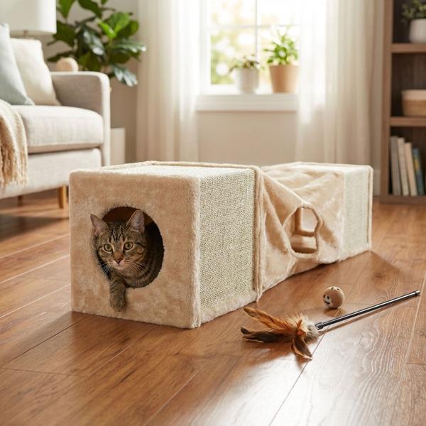 Katzenspiel- und Kratztunnel aus Stoff und Sisal - Entdecker & Spielspass für Katzen - Zwei Kratzwürfel - 29x29x106cm - Beiges Versteck für Haustiere