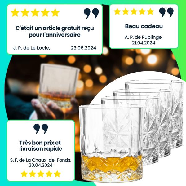 Lot de 4 verres à whisky taillés élégants - Pour dégustation spiritueux, bar - Haute qualité, 230ml, 7.5x7.5x8cm, cadeau idéal