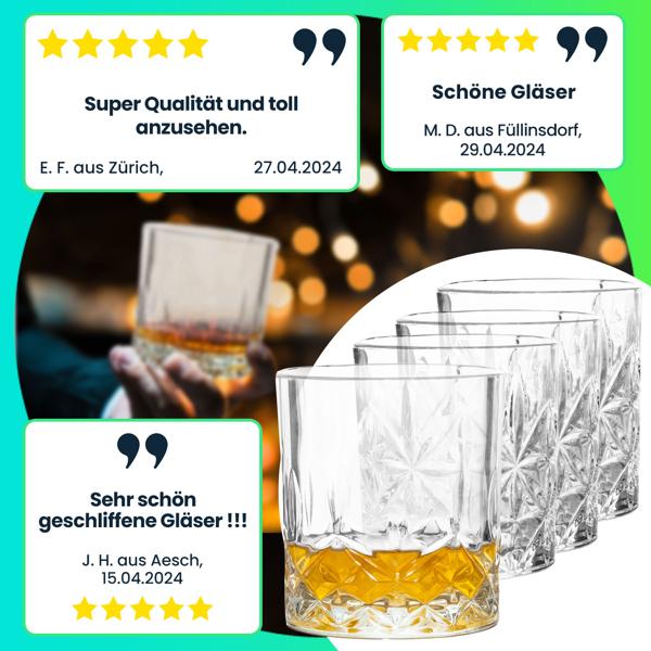 Whiskygläser 4er-Set - Edles Schliffdesign für Whisky, Sherry & Likör - je 230 ml, 7,5x7,5x8 cm - Stilvolle Hausbar-Erweiterung & Geschenkidee
