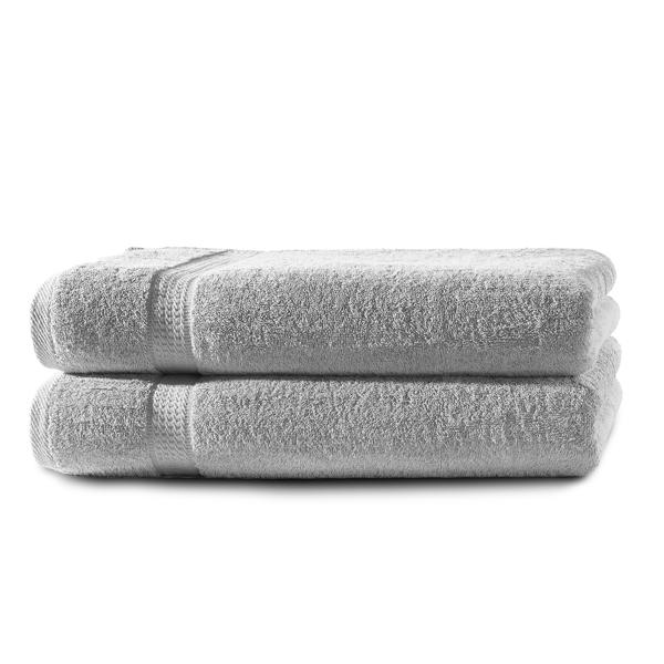 set di 2 asciugamani da doccia, 100% cotone di lusso, con 2 bordi, argento, 70 x 140 cm