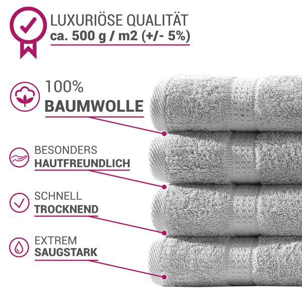 Luxuriöses Badetuch 100x150 cm - 100% Baumwolle - kuschelweich, saugstark & schnelltrocknend - Elegantes Design mit 2 Bordüren in Silber
