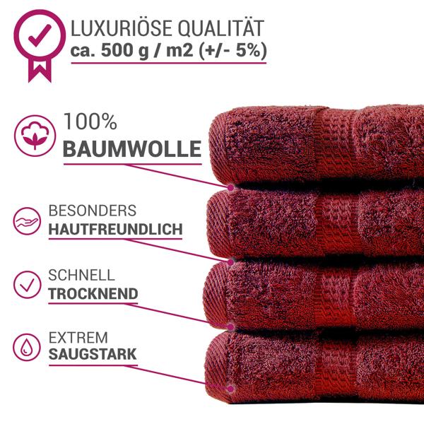 Luxuriöses Badetuch 100x150 cm - 100% Baumwolle - kuschelweich, saugstark & schnelltrocknend - Elegantes Design mit 2 Bordüren in Bordeaux