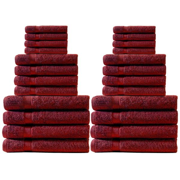 24-teiliges Handtuchset Bordeaux - Kuschelweiche 100% Baumwolle - Saugstark, schnelltrocknend - Inkl. 8 Gäste-, Hand- & Badetücher mit Bordüren, 500 g/m²
