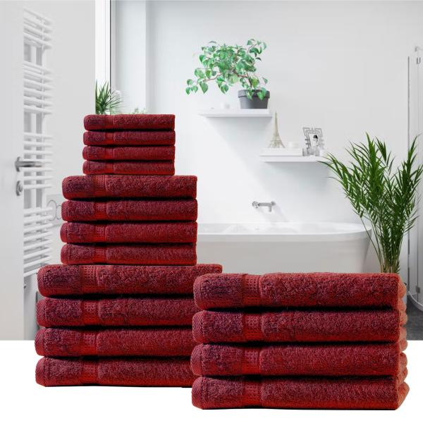 24-teiliges Handtuchset Bordeaux - Kuschelweiche 100% Baumwolle - Saugstark, schnelltrocknend - Inkl. 8 Gäste-, Hand- & Badetücher mit Bordüren, 500 g/m²