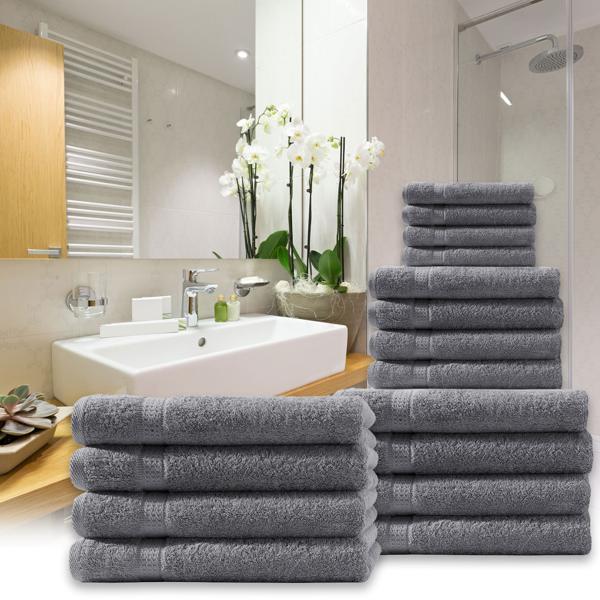 set di 4 asciugamani da doccia, 100% cotone di lusso, con 2 bordi, antracite, 70 x 140 cm