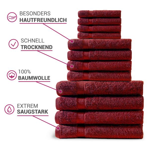 Set di asciugamani 12 pezzi, 4 asciugamani per gli ospiti, 4 asciugamani per le mani e 4 asciugamani per il bagno, 100% cotone, bordeaux