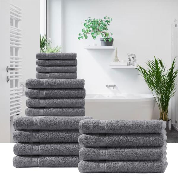 Handtuchset 24-teilig - 8 Gäste-, 8 Hand-, 8 Duschtücher - 100% Baumwolle Anthrazit 500g/m² - Kuschelweich, Saugstark & Pflegeleicht - Eleganter Bordüren-Look
