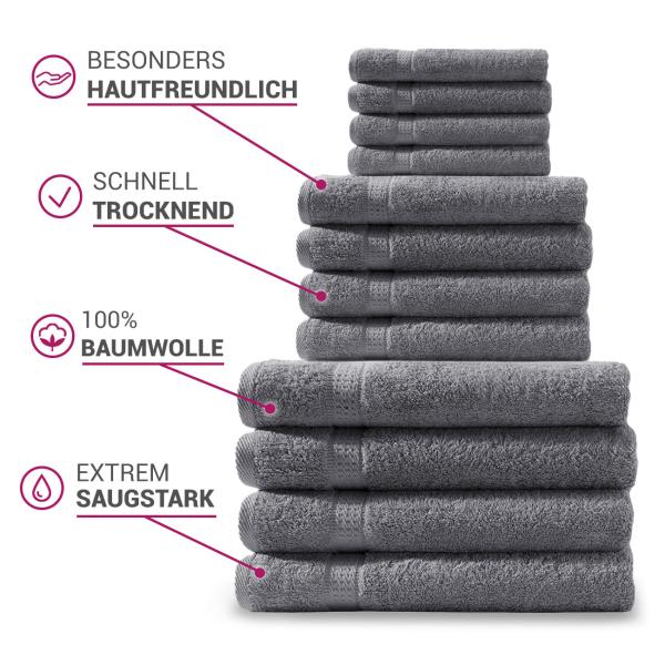 Handtuchset 24-teilig - 8 Gäste-, 8 Hand-, 8 Duschtücher - 100% Baumwolle Anthrazit 500g/m² - Kuschelweich, Saugstark & Pflegeleicht - Eleganter Bordüren-Look