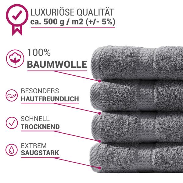 Handtuchset 24-teilig - 8 Gäste-, 8 Hand-, 8 Duschtücher - 100% Baumwolle Anthrazit 500g/m² - Kuschelweich, Saugstark & Pflegeleicht - Eleganter Bordüren-Look