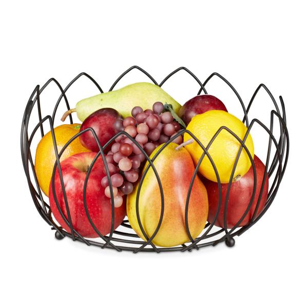 set di 2 cesti di frutta a forma di foglia, fruttiere in metallo, nero, ciascuno 13 x 27 cm