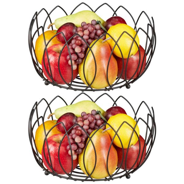 set di 2 cesti di frutta a forma di foglia, fruttiere in metallo, nero, ciascuno 13 x 27 cm
