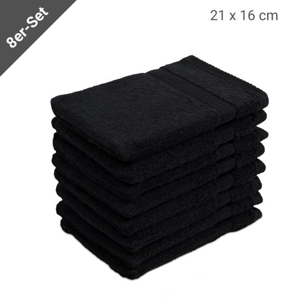 8er-Set Waschhandschuhe Schwarz - 100% Baumwolle, flauschig & saugstark - Langlebige Waschlappen mit Schlaufe, 21x16cm, 500g/m²