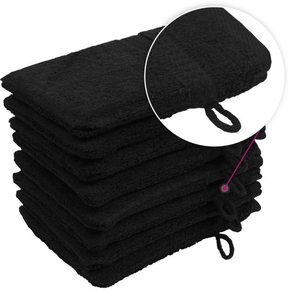 8er-Set Waschhandschuhe Schwarz - 100% Baumwolle, flauschig & saugstark - Langlebige Waschlappen mit Schlaufe, 21x16cm, 500g/m²