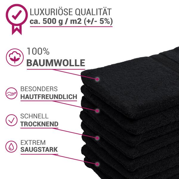 8er-Set Waschhandschuhe Schwarz - 100% Baumwolle, flauschig & saugstark - Langlebige Waschlappen mit Schlaufe, 21x16cm, 500g/m²