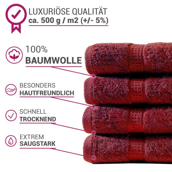 16-teiliges Frottee Handtuch-Set - Bordeaux, 100% Baumwolle, 500g/m² - 4 Gäste-, 4 Hand-, 4 Bade-, 4 Waschlappen - Saugstark & Waschbar