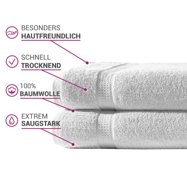 set di 2 asciugamani da doccia, 100% cotone di lusso, con 2 bordi, bianco, 70 x 140 cm