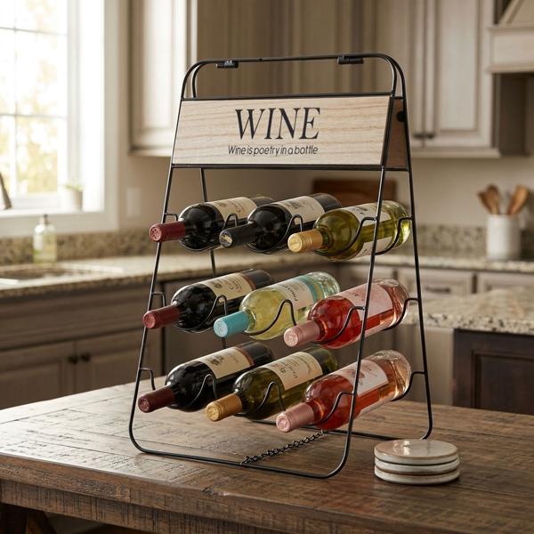 Weinregal aus Metall - Zusammenklappbarer Flaschenständer für 9 Flaschen mit "Wine" Deko-Plakette - Praktische Weinlagerung - 49x26x30cm - Schwarz/Braun