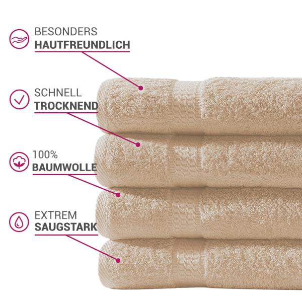 Handtücher 4er-Set - 100% luxuriöse Baumwolle, 500 g/m², beige - Kuschelweich, saugstark, schnelltrocknend - Badetücher mit Bordüre, 50x100 cm