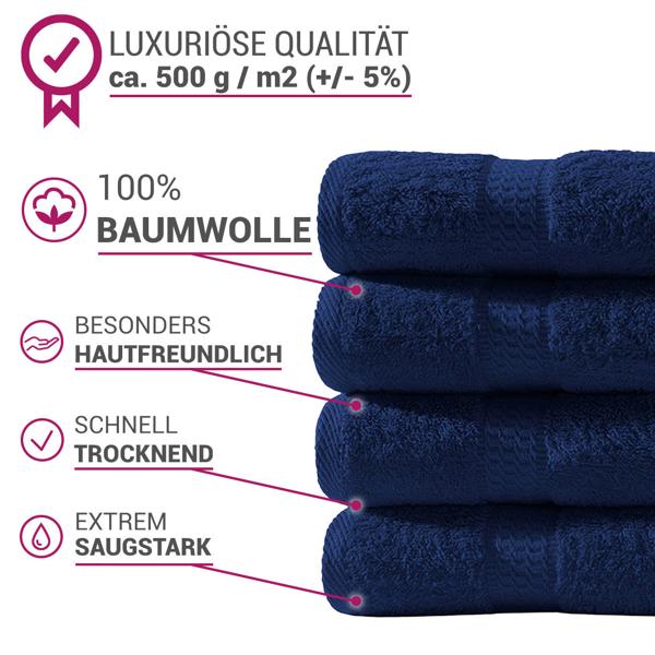 Luxuriöses Badetuch 100x150 cm - 100% Baumwolle - kuschelweich, saugstark & schnelltrocknend - Elegantes Design mit 2 Bordüren in Navy