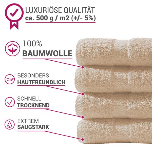 Luxuriöses Badetuch 100x150 cm - 100% Baumwolle - kuschelweich, saugstark & schnelltrocknend - Elegantes Design mit 2 Bordüren in Beige
