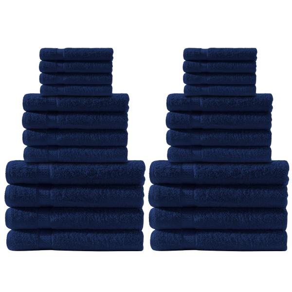 Set de serviettes 24 pièces, 8 serviettes d‘invité, 8 serviettes de bain et 8 serviettes de toilette, 100% coton, bleu marine