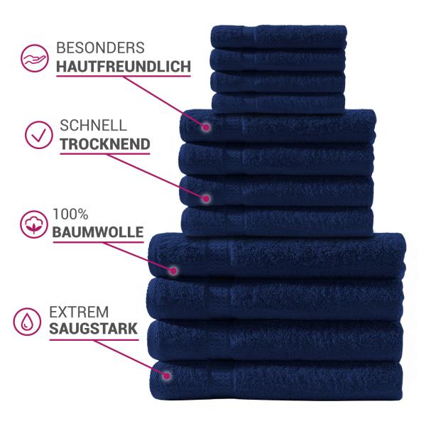 16-tlg. Frottee Handtuch-Set - Flauschig weich, saugstark & strapazierfähig - 100% Baumwolle - 500 g/m² - Navy - 4 Gäste-, 4 Hand-, 4 Duschtücher, 4 Waschlappen