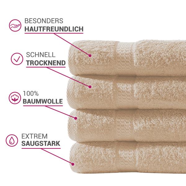 4er-Set Duschtücher, 70 x 140 cm, 100% luxuriöse Baumwolle, mit 2 Bordüren, beige