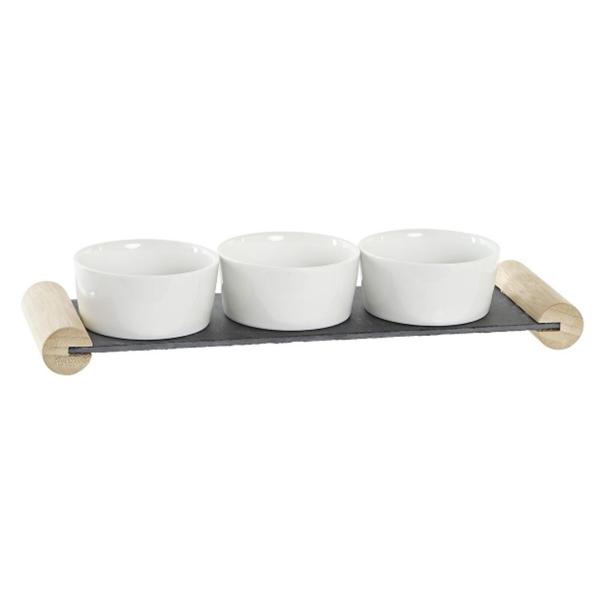 Tapas Set aus Holz, Keramik und Schiefer, Vorspeisen Teller, braun, schwarz, weiss