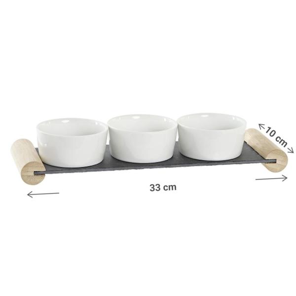 Tapas Set aus Holz, Keramik und Schiefer, Vorspeisen Teller, braun, schwarz, weiss