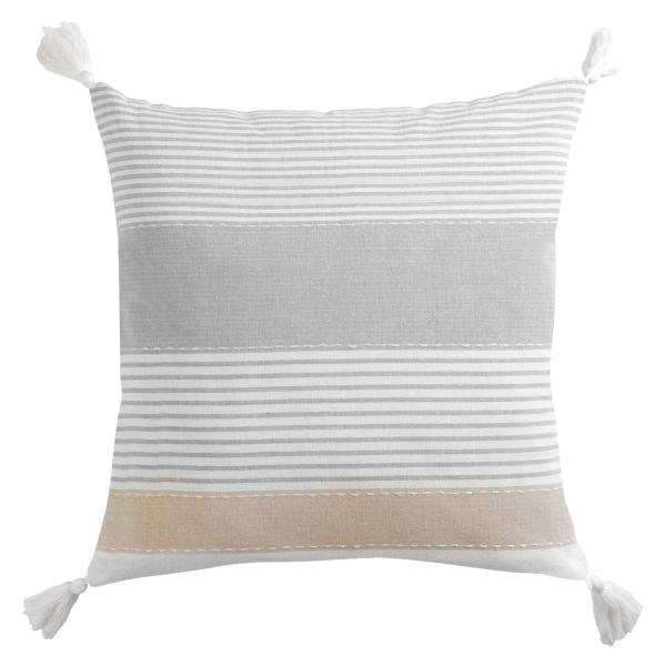 Deko-Kissen aus Baumwolle, Kissen mit Bommel und Streifen, beige, braun, grau, 60 x 60 cm