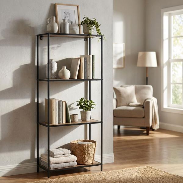 Metall Standregal - 4 helle Holz-Regalebenen - Modernes Industrial Design für Wohnzimmer, Büro & Schlafzimmer - 45x30x130cm
