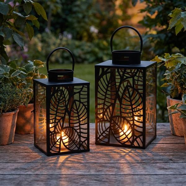 Set de 2 lanternes en métal, set de photophores avec motif de feuilles, noir, deux tailles