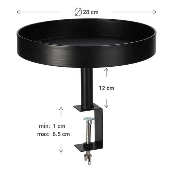 Tavolino d’appoggio a morsetto – Rotondo, nero, Ø 28 x 26 cm – Pratico tavolino per balcone & tavolo per piani fino a 6,5 cm di spessore – Metallo robusto, resistente alle intemperie