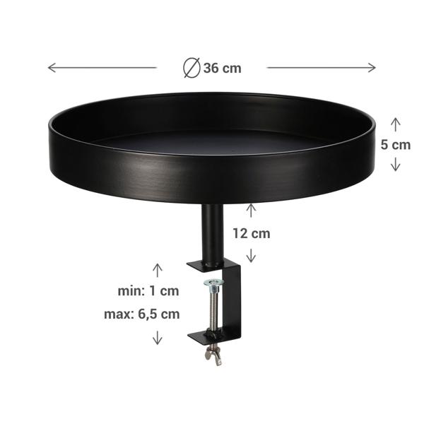 Klemm-Tisch Rund Schwarz Ø36cm - Flexibler Beistelltisch zum Anklemmen für Balkon & Tisch - Metall, wetterbeständig, bis 6.5cm Plattenstärke