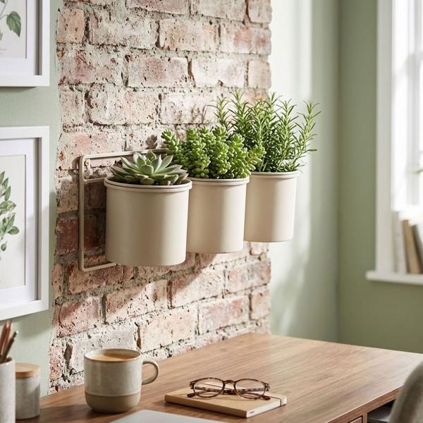 Portavasi in metallo – Montaggio a parete per 3 vasi – Robusto, resistente alle intemperie, beige – Salvaspazio e decorativo per giardino, balcone, recinzione – 12 x 14 cm