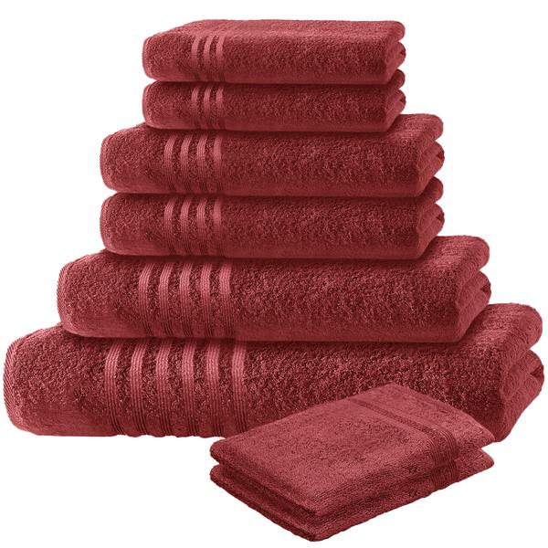 set de 8 serviettes Casativo, gant de toilette, serviette d‘invité, serviette de main, serviette de douche & serviette de bain, bordeaux