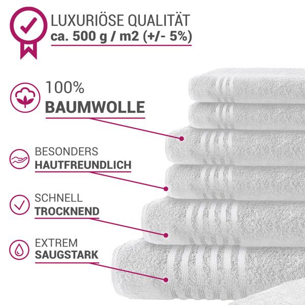 set de 8 serviettes Casativo, gant de toilette, serviette d‘invité, serviette de main, serviette de douche & serviette de bain, blanc