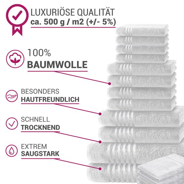 set de 16 serviettes Casativo, gant de toilette, serviette d‘invité, serviette de main, serviette de douche & serviette de bain, blanc