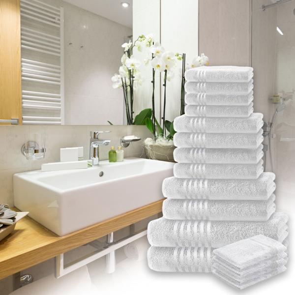 set de 16 serviettes Casativo, gant de toilette, serviette d‘invité, serviette de main, serviette de douche & serviette de bain, blanc