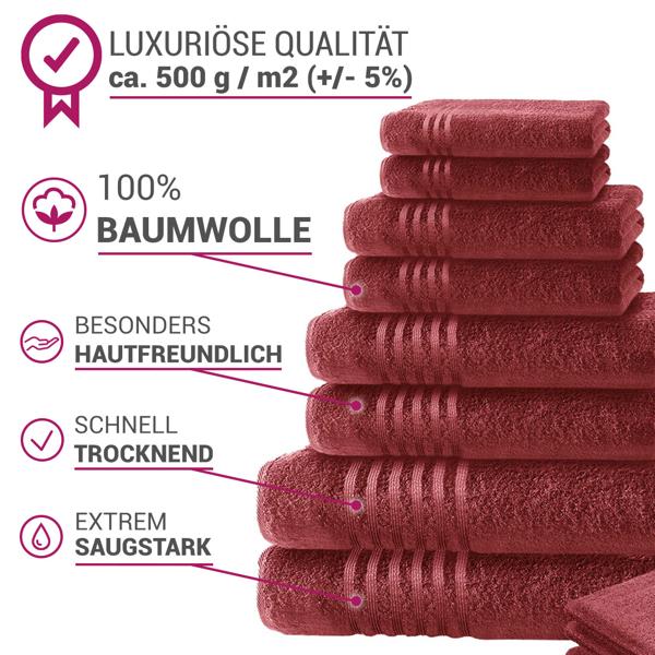 16 linges de bain Casativo bordeaux: draps de bain, draps de douche, linges de toilette + 8 gants de toilette gratuits