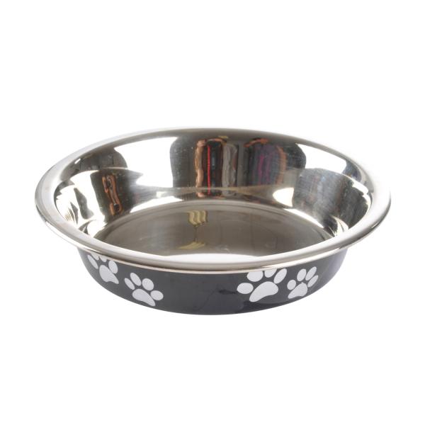 Fressnapf Edelstahl - Futternapf für Haustiere mit Pfotenmotiv - Hygienisch, kratzfest, langlebig, Ø 12 cm, silber-schwarz - Ideal für kleine bis mittelgrosse Tiere