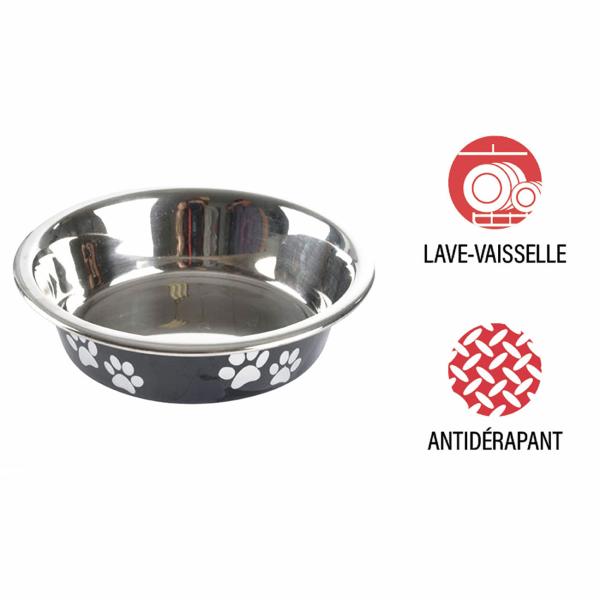 Fressnapf Edelstahl - Futternapf für Haustiere mit Pfotenmotiv - Hygienisch, kratzfest, langlebig, Ø 12 cm, silber-schwarz - Ideal für kleine bis mittelgrosse Tiere