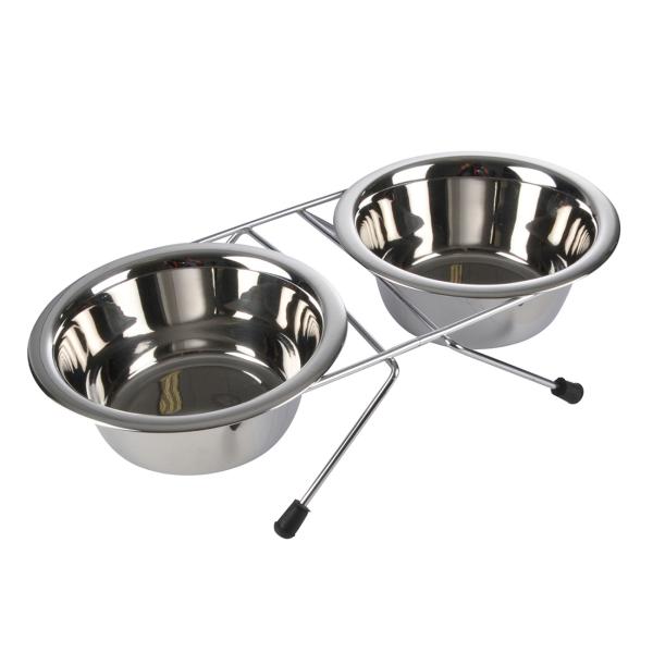 Fressnäpfe 2er-Set Edelstahl Futterstation mit Gestell - Für Hunde & Katzen schonende Haltung - Rutschfest, kratzfest, Ø 13 cm silber/schwarz