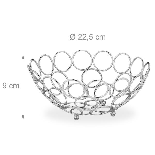 Cesto di frutta con motivo circolare, fruttiera in metallo, argento, 9 x 22,5 cm