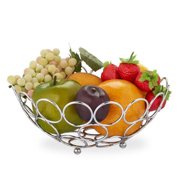 Cesto di frutta con motivo circolare, fruttiera in metallo, argento, 9 x 22,5 cm